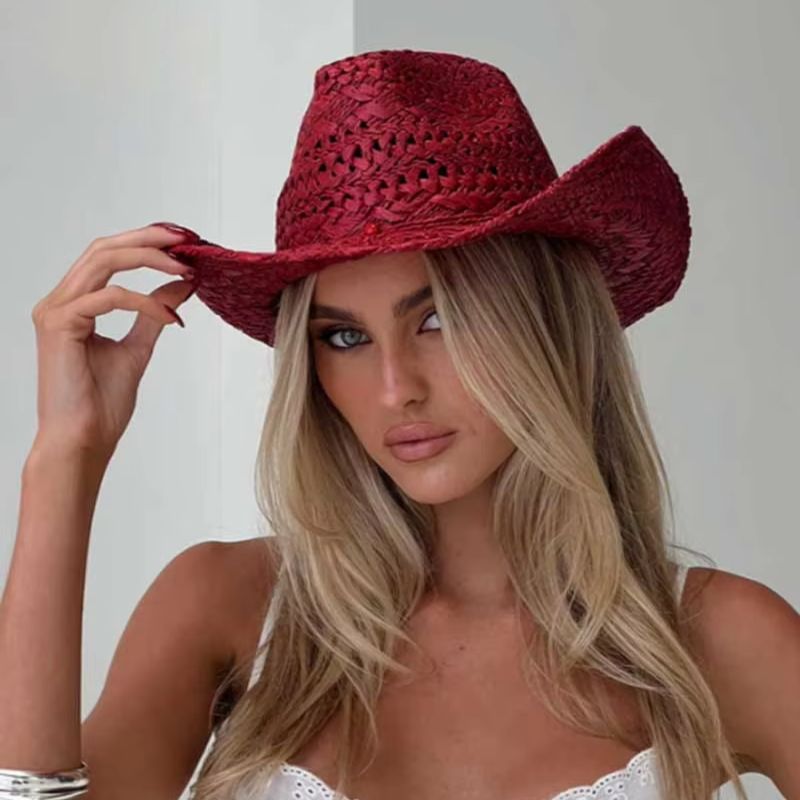 카우보이 모자 빨간색 손으로 그린 ​​여름 밀짚 모자  - Cowboy Hat Straw 리뷰 및 가격